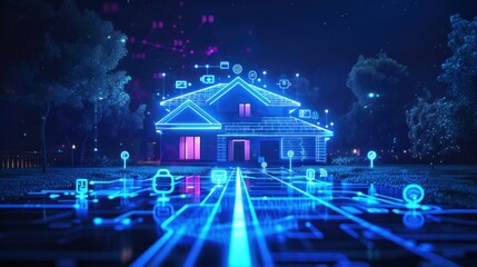 Futuristic smart home with connected devices and digital icons. Blue-lit scene with illuminated road at night.