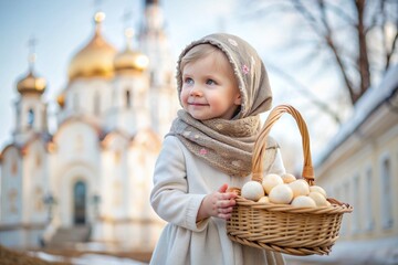 Happy bright Easter. Christianity. Portrait of a three-year-old girl in a Russian folk dress and shawl with a wicker basket with Easter eggs in her hands against the background of an Orthodox church.