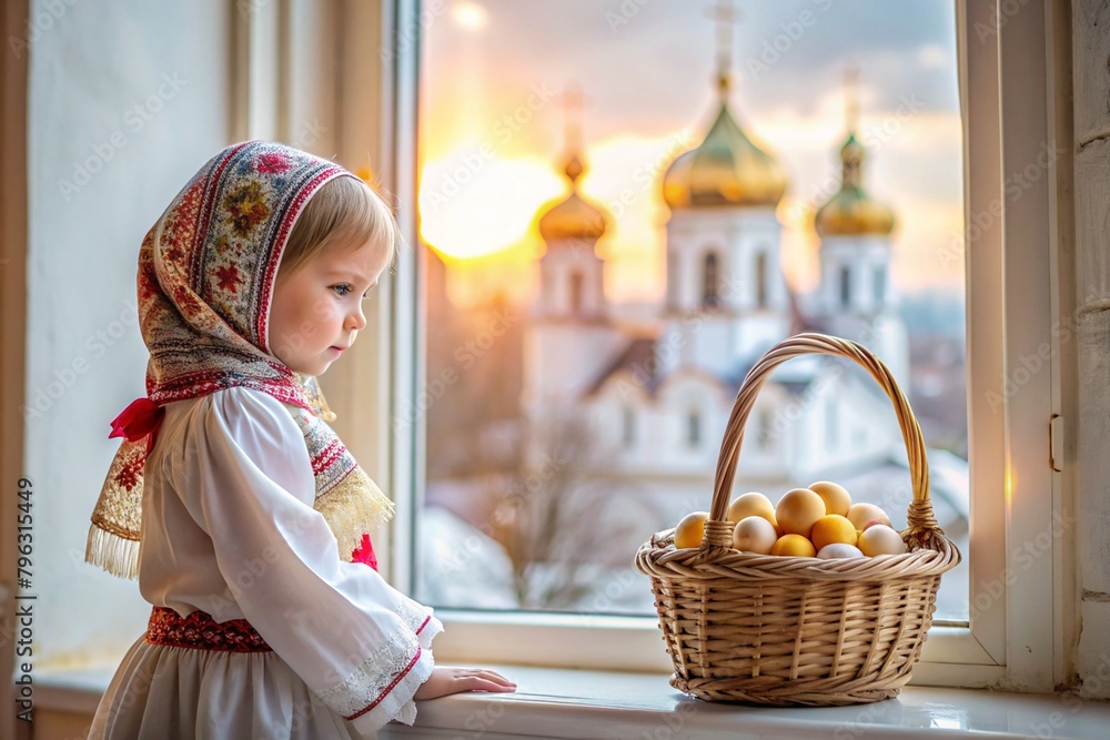 Wall mural Happy bright Easter. Christianity. Portrait of a three-year-old girl in a Russian folk dress and shawl with a wicker basket with Easter eggs in her hands against the background of an Orthodox church.