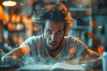 A frantic man with wild hair caught in an artistic explosion of sparks and paper