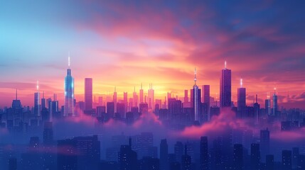 Fototapeta premium Wireless Technology: A 3D vector illustration of a city skyline with 5G network towers