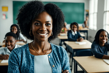Portrait of teacher black woman in middle school at classroom with learning students, look at...