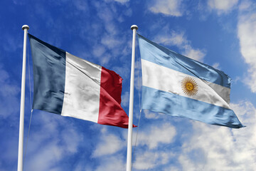 3d illustration. France and Argentina Flag waving in sky. High detailed waving flag. 3D render....