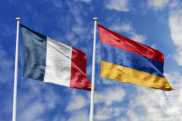 3d illustration. France and Armenia Flag waving in sky. High detailed waving flag. 3D render....