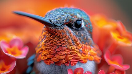 Naklejka premium Vibrant Hummingbird Close-Up with Iridescent Feathers.