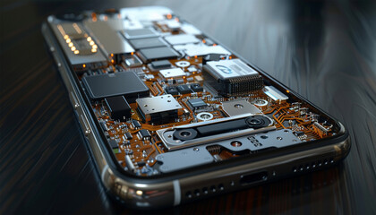 The inside of the smartphone's motherboard and tools lay on the black table. the concept of computer hardware, mobile phone, electronic, repairing, upgrade and technology.. Technician repairing inside