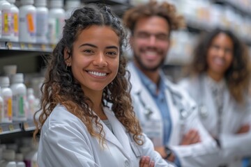 A diverse group of friendly pharmacists smiling in a well-stocked pharmacy environment