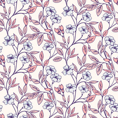 Pastel abstract artistic floral stems intertwined in a seamless pattern. Blooming creative wild branches with small leaves, ditsy flowers, buds printing. Vector hand drawn. Template for designs