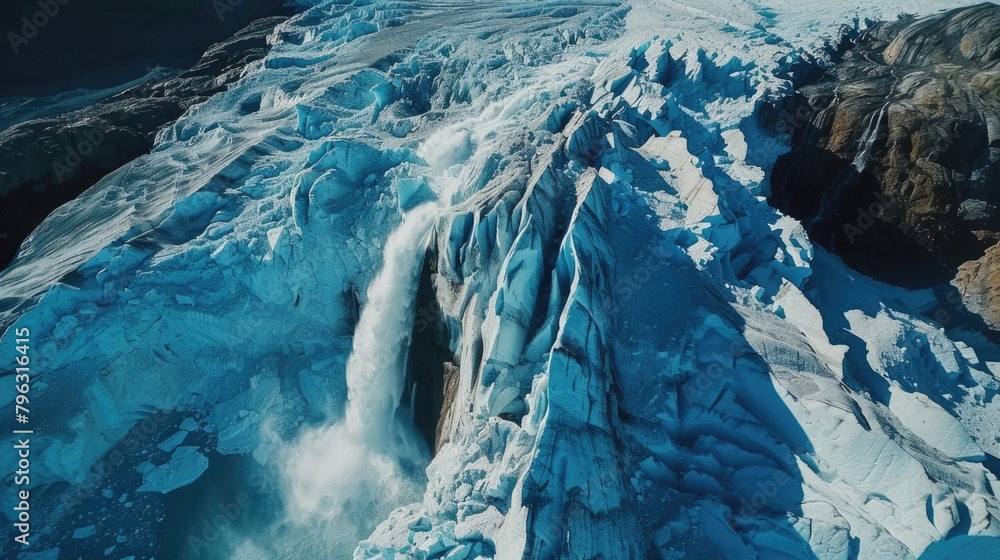 Poster a large glacier with a waterfall cascading out of it. ideal for nature and landscape themes