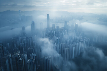 Aerial view of buildings in Hong Kong in the mist