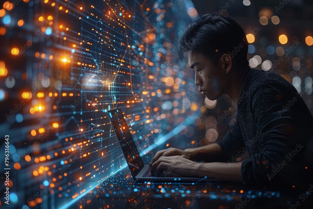 Poster male figure operating a laptop surrounded by blockchain network digital interface