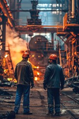 Two men standing together in a factory. Suitable for industrial concepts