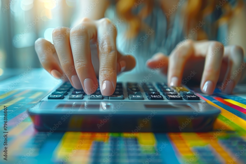Poster a close-up picture showing a person calculating finances or budget with a focus on hands and calcula