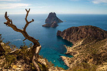 Beautiful view of Es Vedra island and small coves from the top of a cliff, Sant Josep de Sa Talaia,...