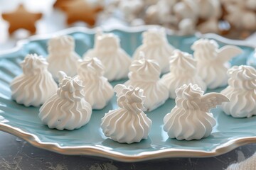 A blue plate topped with meringue on a table. Ideal for food and dessert concepts