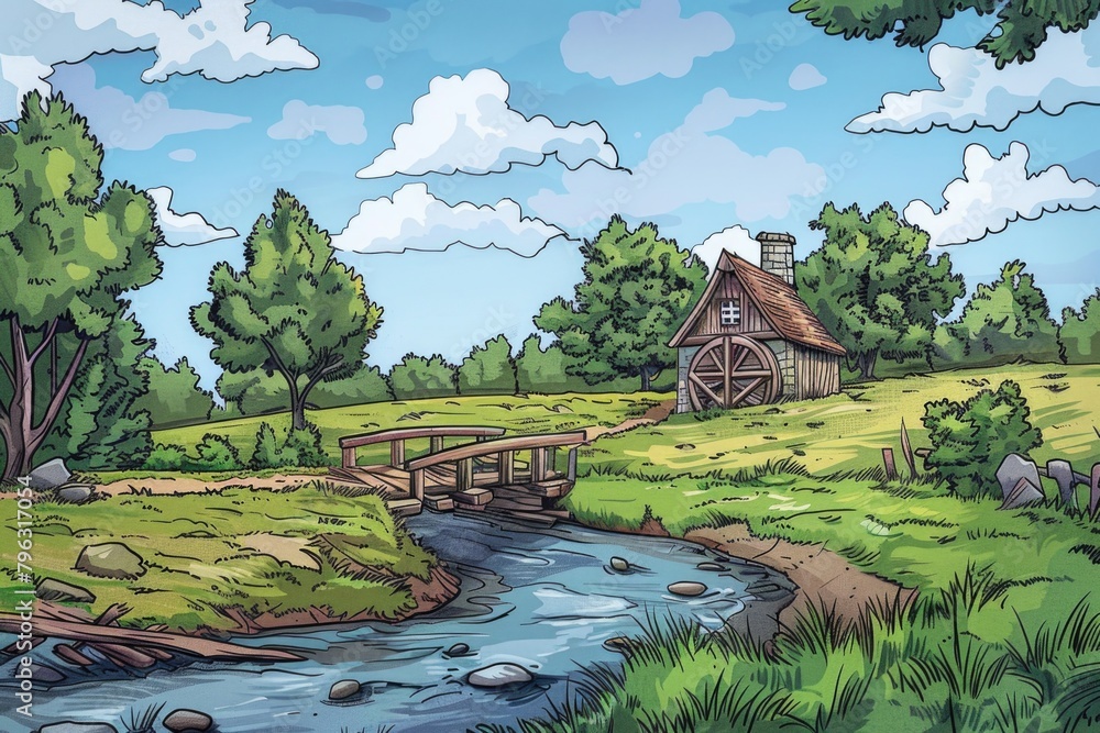 Poster a peaceful image of a small house in a lush green field, suitable for various projects