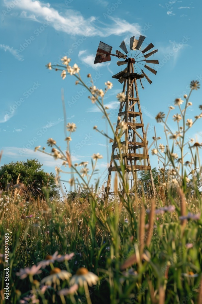 Poster a serene windmill standing in a colorful flower field. ideal for nature and agriculture concepts