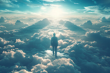 Businessman walking on clouds in the sky