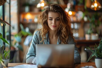 Woman intently working on a laptop in a quaint cafe, exuding concentration and professionalism