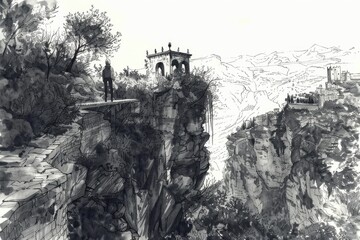 Detailed black and white drawing of a bridge over a cliff. Suitable for architectural and engineering projects