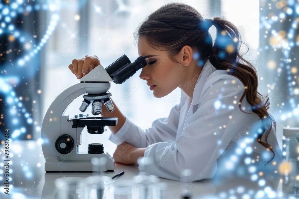 Poster a professional female scientist intensely focused while working with a microscope in a high-tech lab