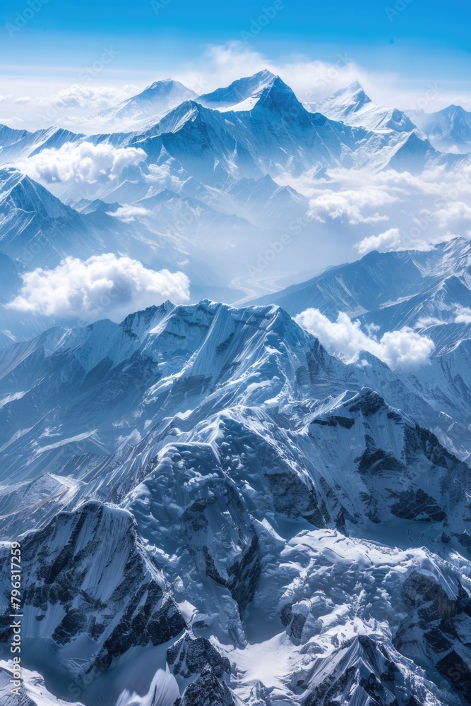 Poster a breathtaking view of snow covered mountains from an airplane. perfect for travel and nature concep