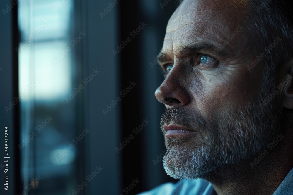 Aufkleber A close up image of a man looking out a window. Perfect for illustrating concepts of contemplation and reflection