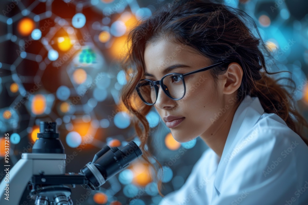 Poster an image depicting a researcher observing a sample using a microscope in an advanced scientific labo