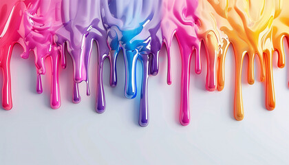 Colored paint dripping isolated on white background. 3d rendering. Various rainbow colors pastel. Fluid liquid abstract background colorful effect