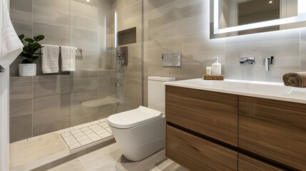 Minimalist and Clean Bathroom Design with Tiled Shower Rectangular Sink and Back to Wall Toilet