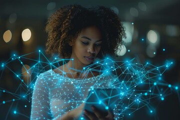 Young woman using smartphone, engrossed within a digital network overlay