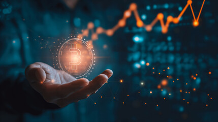 Open hand presenting a virtual Bitcoin hologram above dynamic trading graphs, symbolizing digital currency control