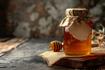 Pure honey in bottle with empty label on wooden table