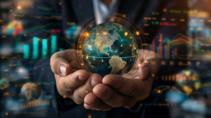 Business professional cradling a translucent globe with illuminated continents in a data-driven world