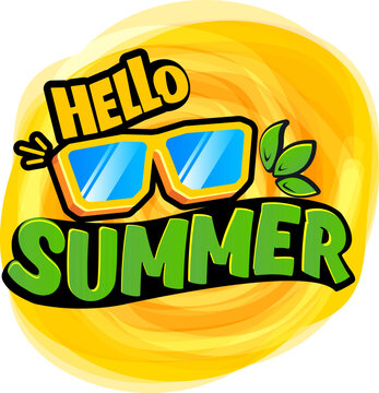Funky Hello summer vector logo with text and vintage retro yellow sunglasses isolated on background. Hello summer label, icon, print, banner design template with funny cartoon sunglasses, summer vibe