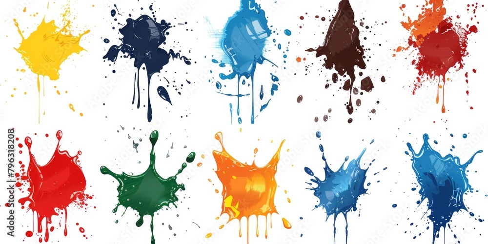 Poster vibrant paint splatters on a clean white backdrop, suitable for various design projects
