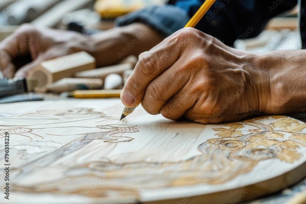 Poster close up of a person drawing on a piece of wood. suitable for artistic and creative projects