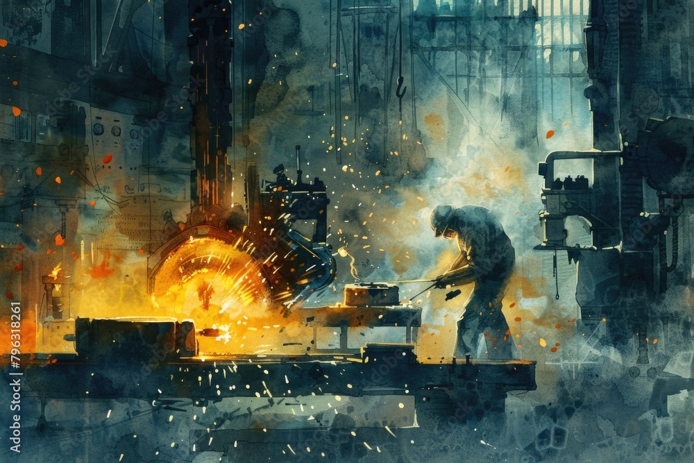 Poster a man working in a factory, suitable for industrial concepts