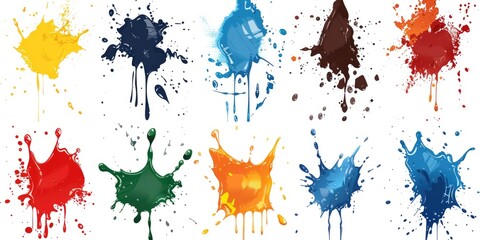 Vibrant paint splatters on a clean white backdrop, suitable for various design projects