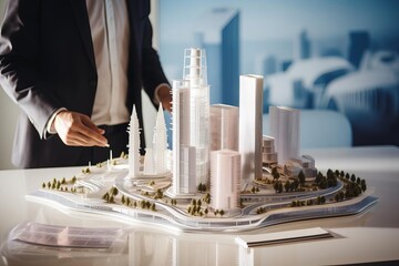 Real estate developer showing a futuristic skyscraper model during a presentation, engaging potential investors