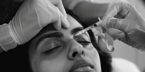 A woman receiving eyebrow treatment by a doctor. Suitable for beauty and healthcare concepts