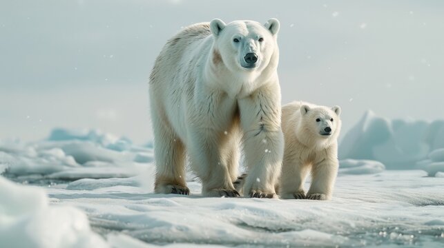 A mother polar bear with her two cubs. Suitable for wildlife and family themes