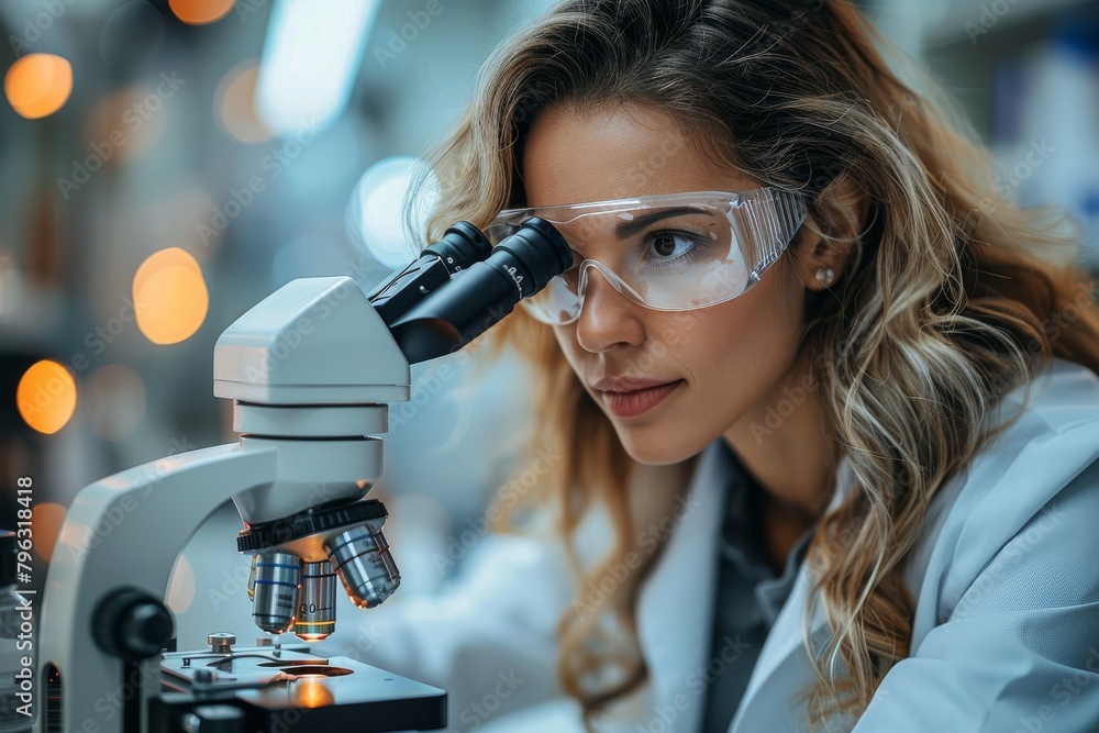 Aufkleber a focused female scientist analyzing a sample with a microscope in a laboratory setting