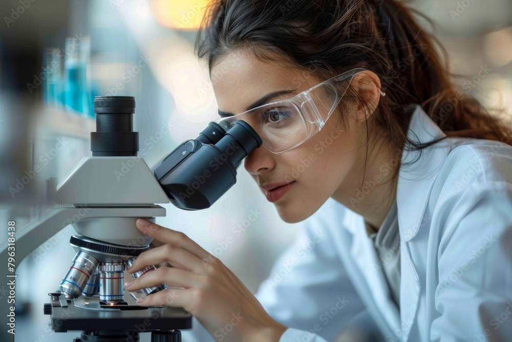 Poster focused scientist using a microscope in a modern laboratory setting, analyzing samples