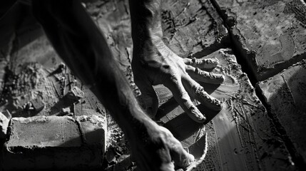 A black and white image of a craftsman with a trowel in hand smoothing out mortar between bricks. The contrast and shadows highlighting the skill and precision involved in bricklaying. . - obrazy, fototapety, plakaty