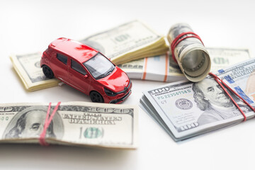 Small decorative car model, a lot of cash dollars of USA, credit for car concept