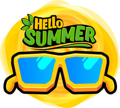 Comic Hello summer vector logo with text and vintage retro yellow sunglasses isolated on background. Hello summer label, icon, print, banner design template with funny cartoon sunglasses, summer vibe