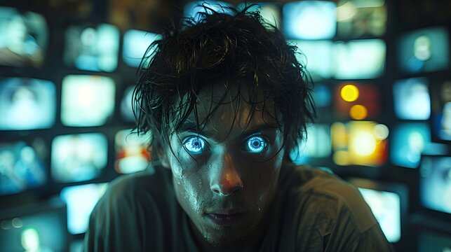 technology addiction, A person who has A screen addict is overwhelmed and stares at a lot of screens AI generated	