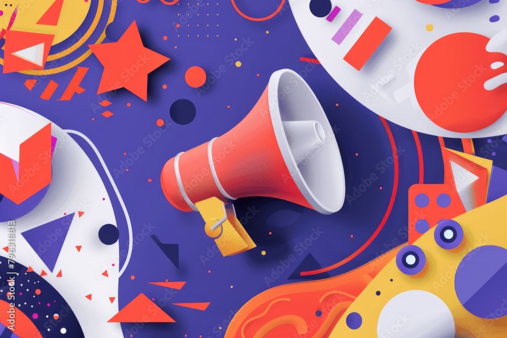 Poster Various colored objects on a vibrant purple backdrop. Suitable for a variety of design projects