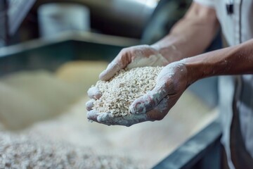 A person holding a handful of rice, suitable for food and agriculture concepts - obrazy, fototapety, plakaty
